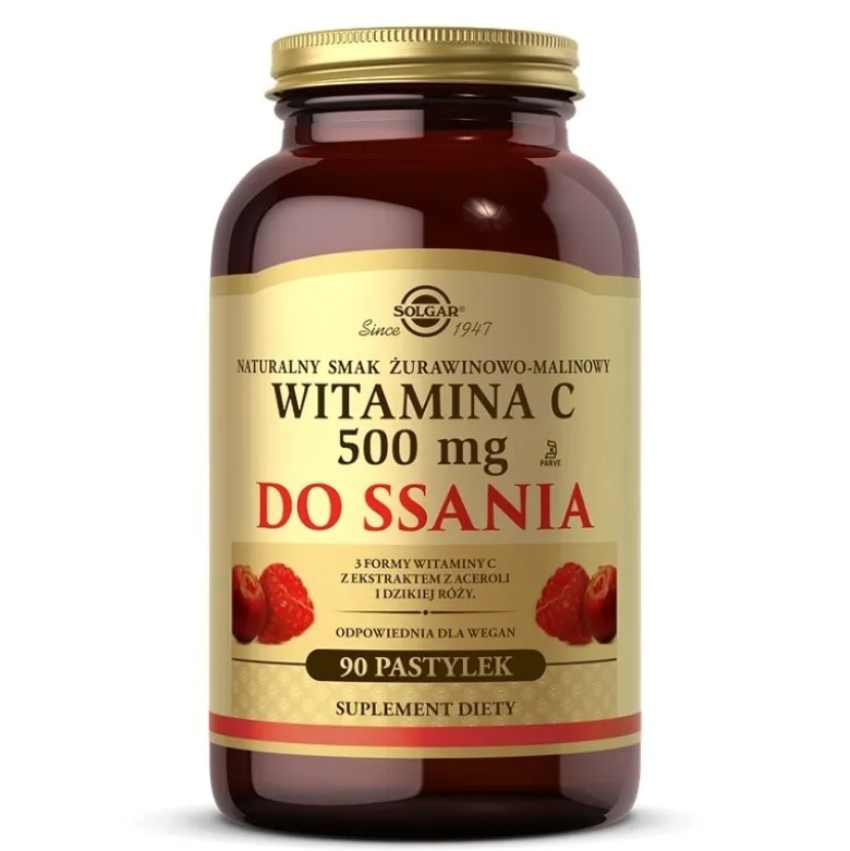 SOLGAR Witamina C 500 mg do ssania smak żurawinowo–malinowy 90 caps.