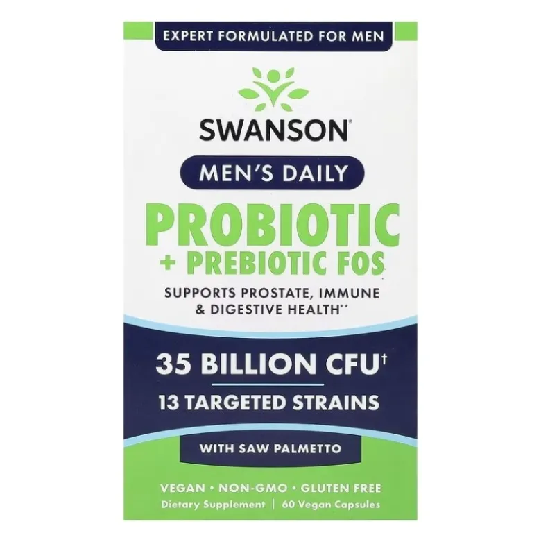 SWANSON Mens Daily Probiotic + Prebiotic FOS 35 Billion CFU 13 Targeted Strains With Saw Palmetto 60 veg caps.